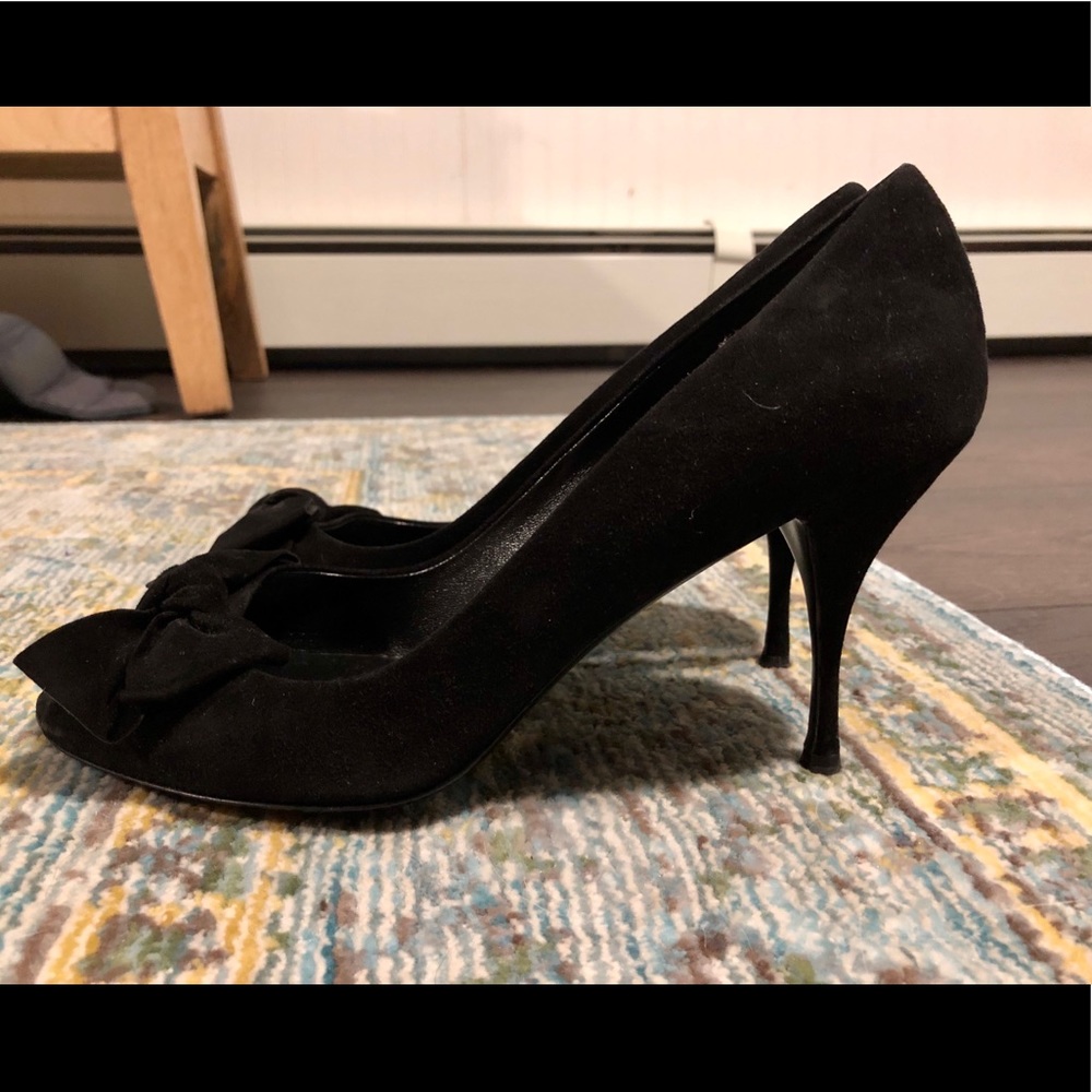 Miu Miu black suede peep toe heels with bow